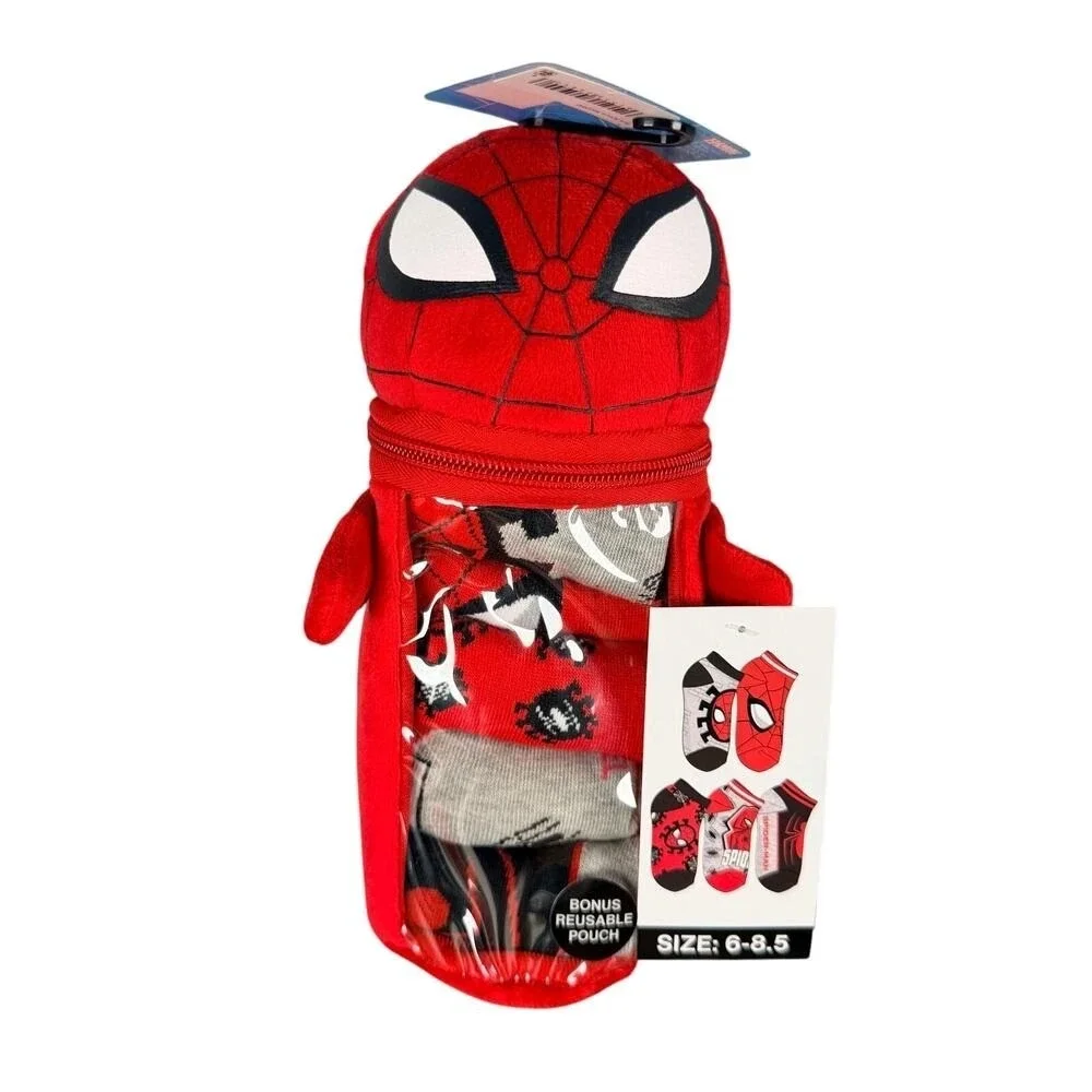 Marvel Spiderman 5 Pairs Socks 6-8.5 and Plush Reusable Pouch
